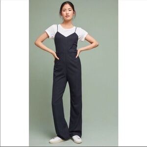 By Anthropologie • Navy Blue Pinstriped Jumpsuit Sz 14‎ Spaghetti Strap Casual